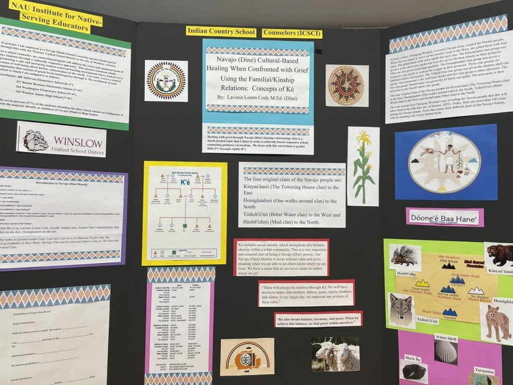 A poster shows details about kinship relationships and grief for a story about the five-year COVID anniversary and indigenous communities