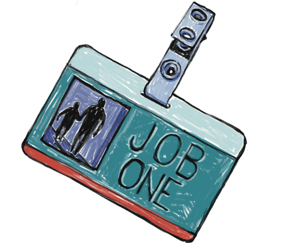 Illustration of a blue and red badge with 
