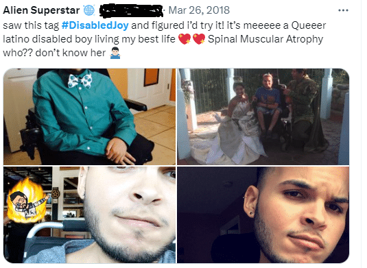 A young Luis in a wheelchair smiles confidently at the camera in a montage of shots