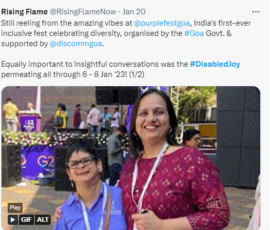A Tweet about India's first-ever fest celebrating diversity organized by the Goa government, one that includes a shot of an Indian mother and her disabled son smiling with joy at the camera.