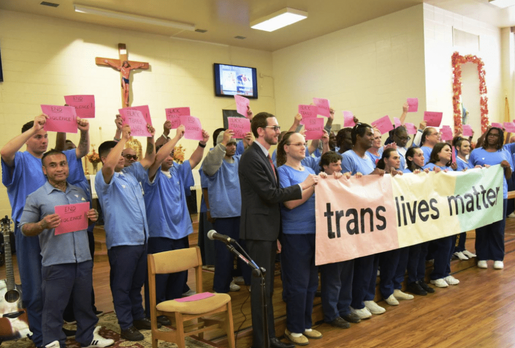 Sen. Scott Wiener (D-San Francisco) attends CDCR’s first Transgender Remembrance Day in 2019, organized jointly by trans and cisgender incarcerated people. Wiener had already authored the bill that would become the Transgender Respect, Agency and Dignity Act, with buy-in from top CDCR officials. (California Department of Corrections and Rehabilitation)